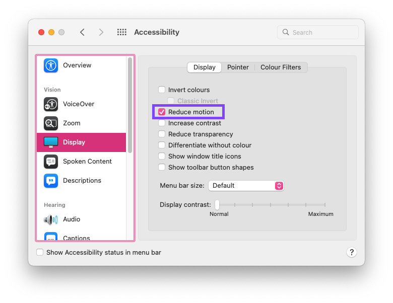 Mac OS reduce motion setting