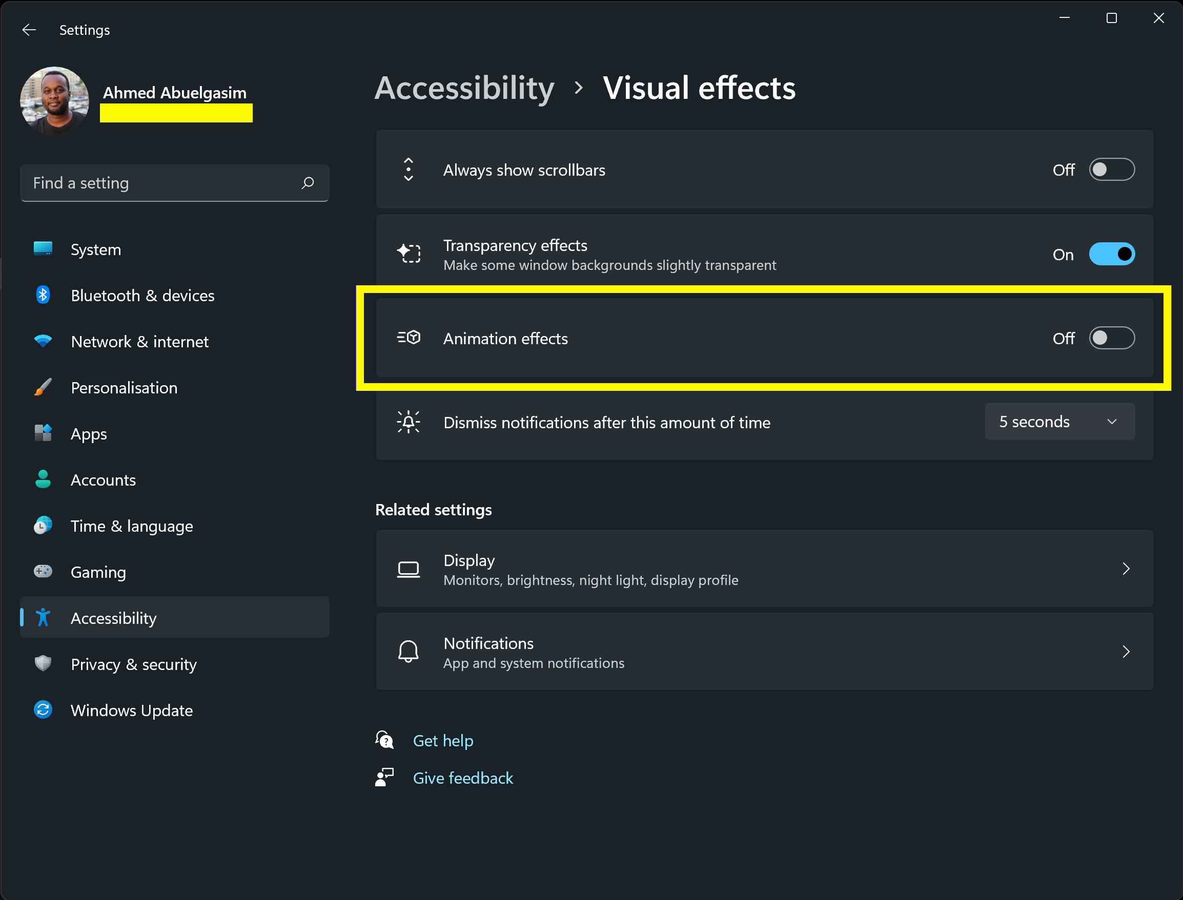 Windows 11 reduce motion setting