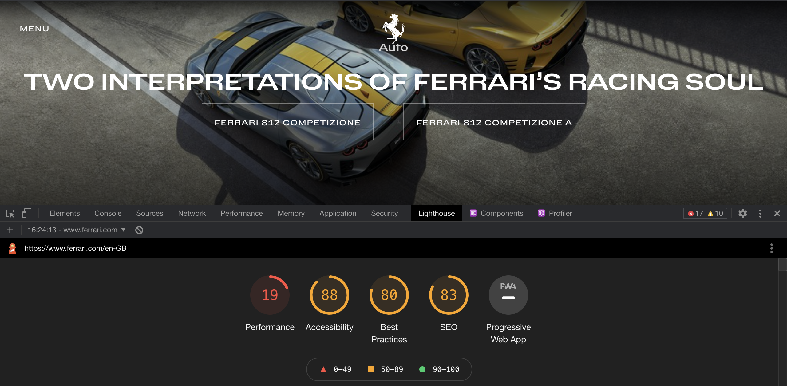 Lighthouse report for the Ferrari website. 19/100 points on performance.